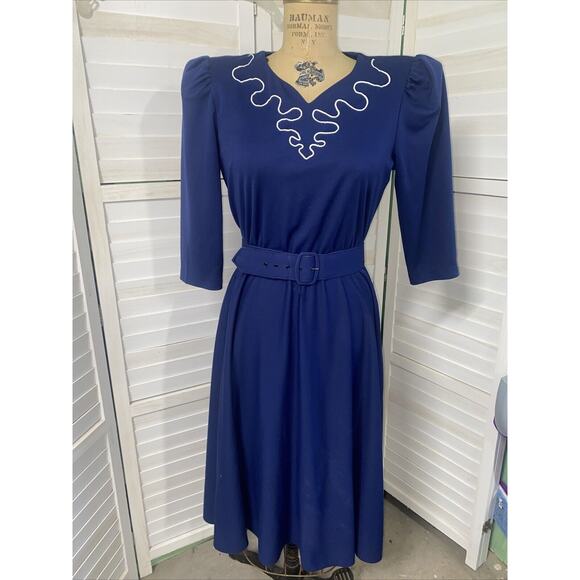Vtg 80s Whirlaway Frocks Navy 3/4 Sleeves Pleated Belted Fit & Flare Dress Sz 10 - Picture 1 of 10